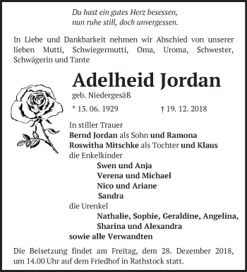 Traueranzeige von Adelheid Jordan von Märkische Oderzeitung