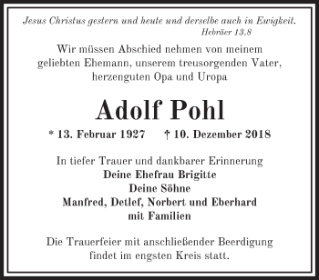 Traueranzeige von Adolf Pohl von Märkische Oderzeitung