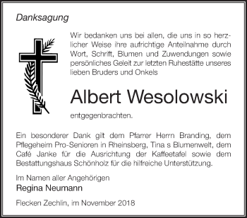 Traueranzeige von Albert Wesolowski von Märkische Oderzeitung