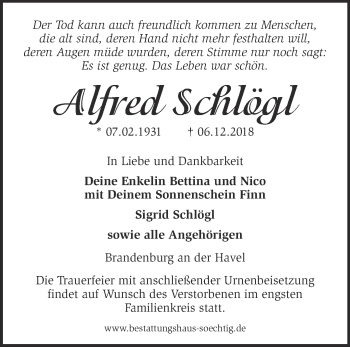 Traueranzeige von Alfred Schlögl von Märkische Oderzeitung