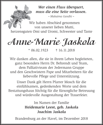 Traueranzeige von Anne-Marie Jaskola von Märkische Oderzeitung