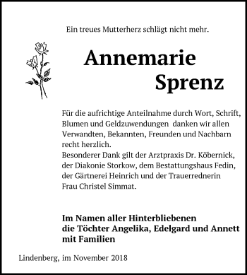 Traueranzeige von Annemarie Sprenz von Märkische Oderzeitung