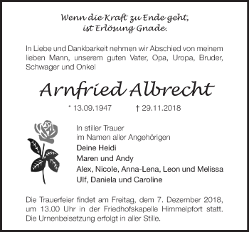 Traueranzeige von Arnfried Albrecht von Märkische Oderzeitung