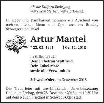 Traueranzeige von Artur Mantei von Märkische Oderzeitung