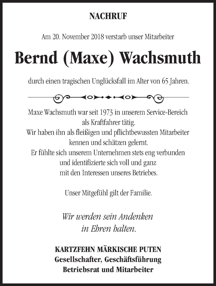  Traueranzeige für Bernd Wachsmuth vom 06.12.2018 aus Märkische Oderzeitung