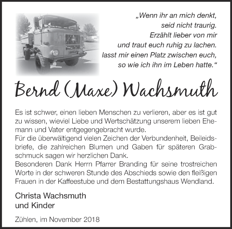  Traueranzeige für Bernd Wachsmuth vom 12.12.2018 aus Märkische Oderzeitung