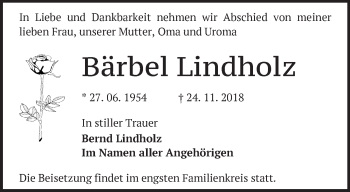 Traueranzeige von Bärbel Lindholz von Märkische Oderzeitung