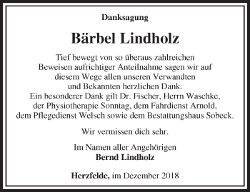 Traueranzeige von Bärbel Lindholz von Märkische Oderzeitung