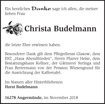 Traueranzeige von Christa Budelmann von Märkische Oderzeitung