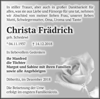 Traueranzeige von Christa Frädrich von Märkische Oderzeitung