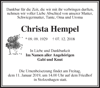 Traueranzeige von Christa Hempel von Märkische Oderzeitung