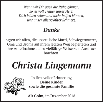 Traueranzeige von Christa Lingemann von Märkische Oderzeitung