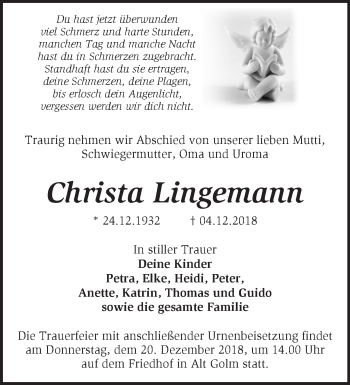 Traueranzeige von Christa Lingemann von Märkische Oderzeitung