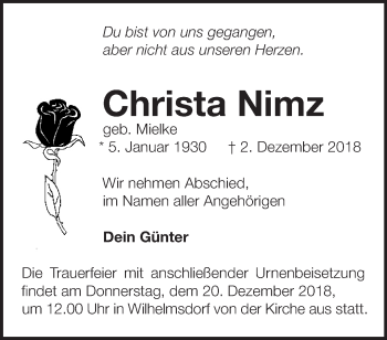 Traueranzeige von Christa Nimz von Märkische Oderzeitung