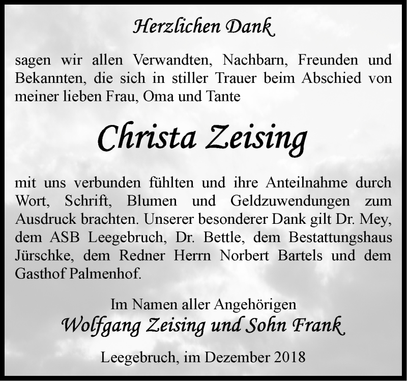 Traueranzeigen Von Christa Zeising Märkische Onlinezeitung Trauerportal 