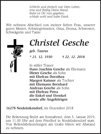 Traueranzeige von Christel Gesche von Märkische Oderzeitung