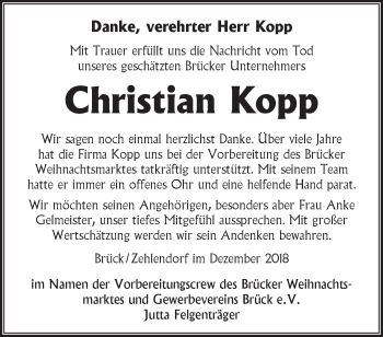 Traueranzeige von Christian Kopp von Märkische Oderzeitung