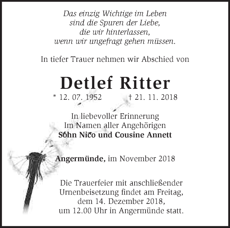  Traueranzeige für Detlef Ritter vom 02.12.2018 aus Märkische Oderzeitung