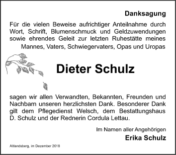 Traueranzeige von Dieter Schulz von Märkische Oderzeitung