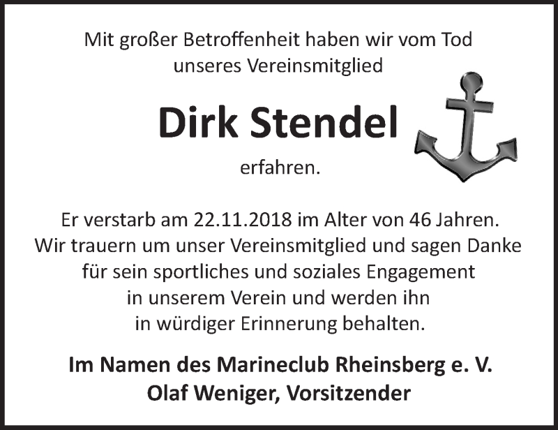 Traueranzeige für Dirk Stendel vom 01.12.2018 aus Märkische Oderzeitung