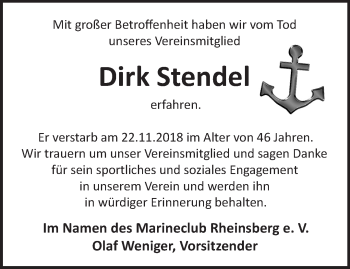 Traueranzeige von Dirk Stendel von Märkische Oderzeitung