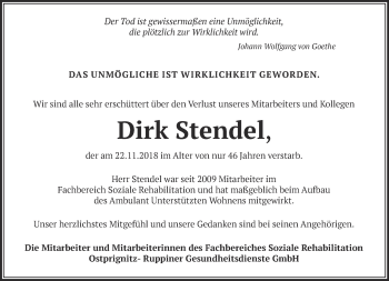 Traueranzeige von Dirk Stendel von Märkische Oderzeitung