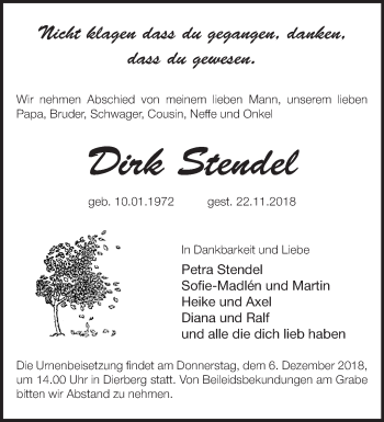 Traueranzeige von Dirk Stendel von Märkische Oderzeitung