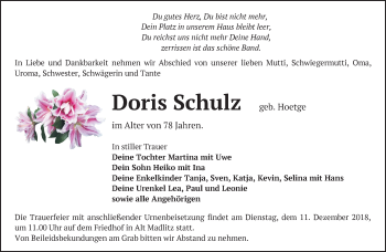 Traueranzeige von Doris Schulz von Märkische Oderzeitung