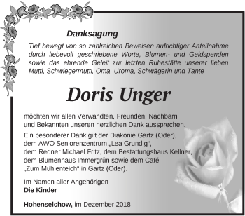 Traueranzeige von Doris Unger von Märkische Oderzeitung