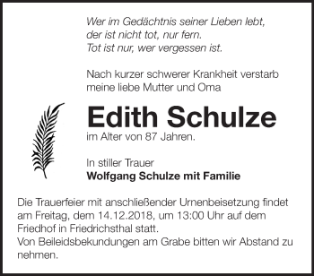 Traueranzeige von Edith Schulze von Märkische Oderzeitung