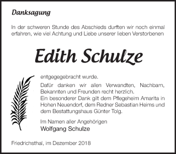 Traueranzeige von Edith Schulze von Märkische Oderzeitung