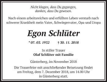 Traueranzeige von Egon Schlüter von Märkische Oderzeitung