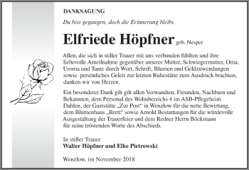 Traueranzeige von Elfriede Höpfner von Märkische Oderzeitung