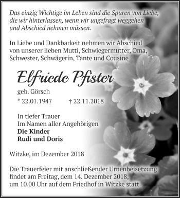 Traueranzeige von Elfriede Pfister von Märkische Oderzeitung