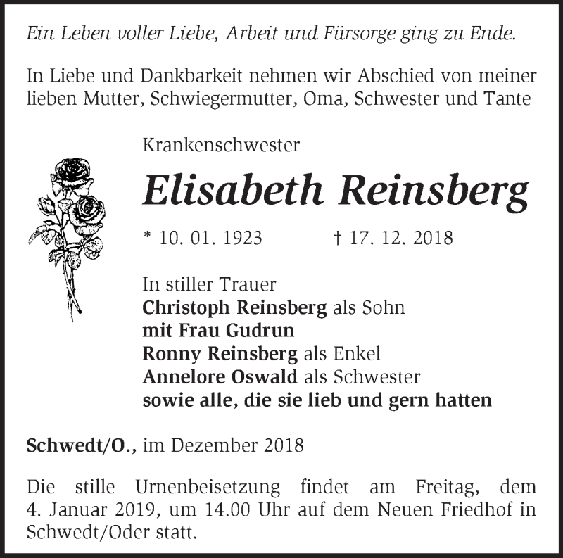 Traueranzeige für Elisabeth Reinsberg vom 30.12.2018 aus Märkische Oderzeitung