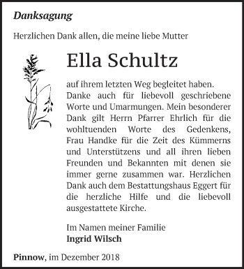 Traueranzeige von Ella Schultz von Märkische Oderzeitung