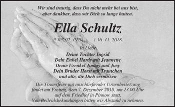 Traueranzeige von Ella Schultz von Märkische Oderzeitung