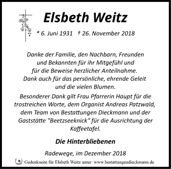 Traueranzeige von Elsbeth Weitz von Märkische Oderzeitung