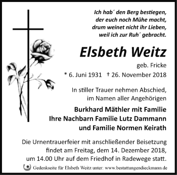 Traueranzeige von Elsbeth Weitz von Märkische Oderzeitung