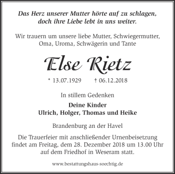 Traueranzeige von Else Rietz von Märkische Oderzeitung