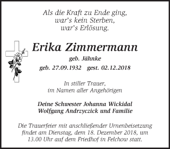 Traueranzeige von Erika Zimmermann von Märkische Oderzeitung