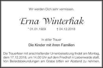 Traueranzeige von Erna Winterhak von Märkische Oderzeitung