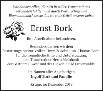 Traueranzeige von Ernst Bork von Märkische Oderzeitung