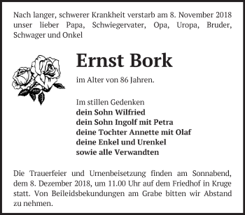 Traueranzeige von Ernst Bork von Märkische Oderzeitung