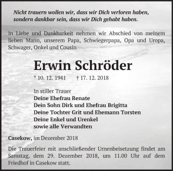 Traueranzeige von Erwin Schröder von Märkische Oderzeitung