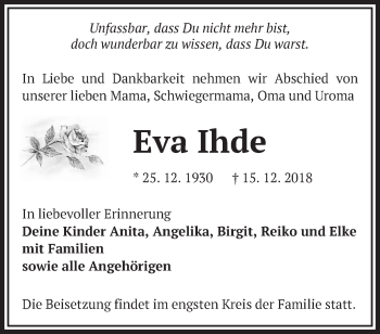 Traueranzeige von Eva Ihde von Märkische Oderzeitung