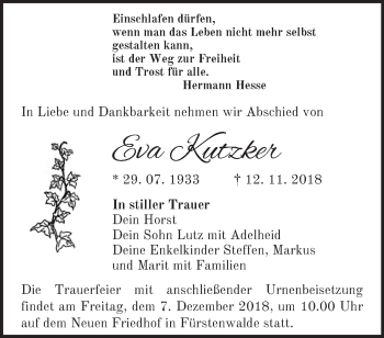 Traueranzeige von Eva Kutzker von Märkische Oderzeitung