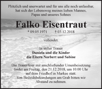 Traueranzeige von Falko Eisentraut von Märkische Oderzeitung