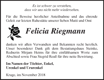 Traueranzeige von Felicia Riegmann von Märkische Oderzeitung