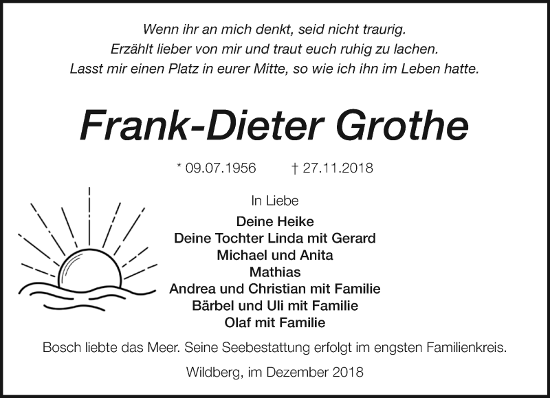  Traueranzeige für Frank-Dieter Grothe vom 06.12.2018 aus Märkische Oderzeitung